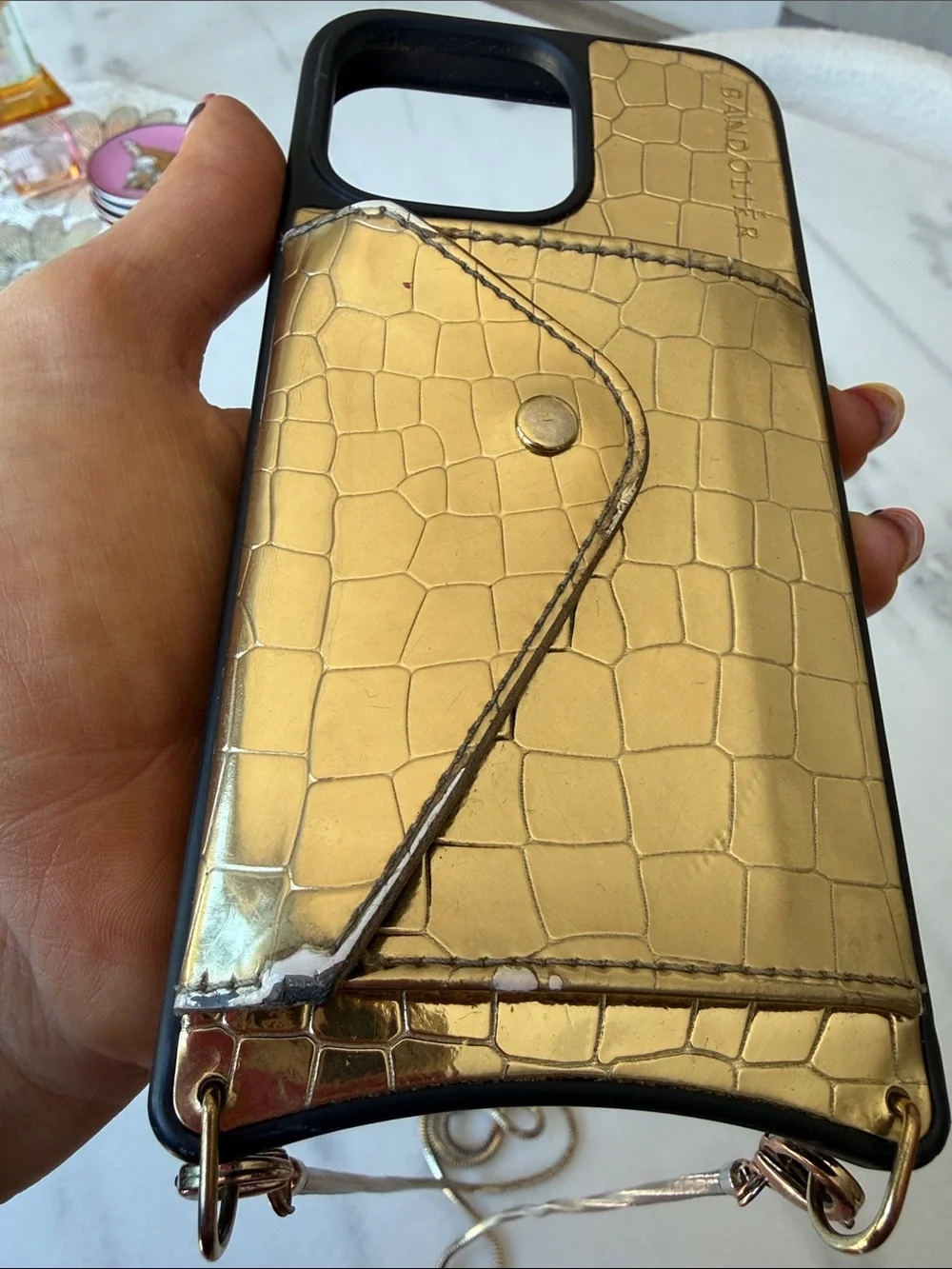 Bandolier Gold Croc Card Pocket Phone Case with Chain Strap iphone16 promax